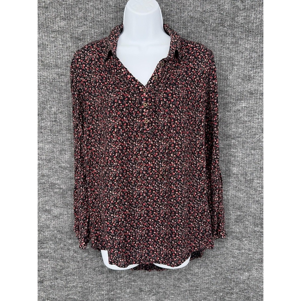 Mudd Blouse Womens M Black Floral Rayon Collared Long Sleeve Henley Tunic Top